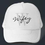 WIFEY trucker hat for wedding bride<br><div class="desc">WIFEY trucker hat for wedding bride. Funny honeymoon gift idea for newlywed wife. Custom monogram design with stylish script typography. Classy black and white logo cap. Marriage accessories for wedding party,  bridal shower,  bachelorette,  girls weekend,  honeymoon etc.</div>