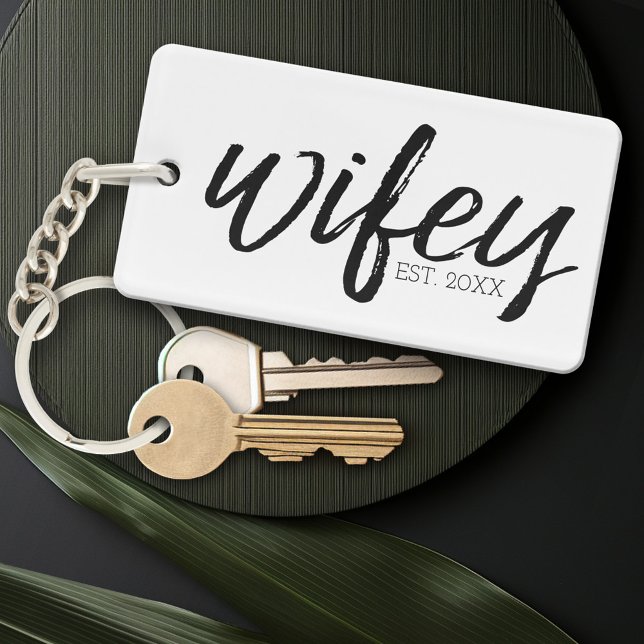 Wifey - Whimsical Black Calligraphy for the Bride Key Ring (Personalized Keychain - add a date)