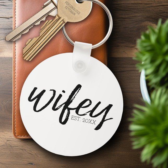 Wifey - Whimsical Black Calligraphy for the Bride Key Ring (Personalized Keychain - Wedding Wifey)
