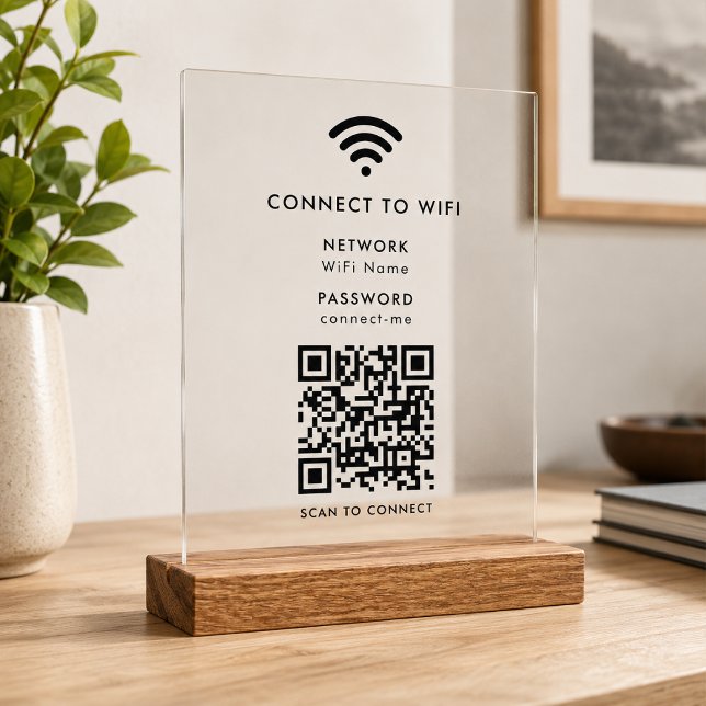 WiFi Acrylic Sign | QR Code Scan to Connect Signs (Wi-Fi acrylic tabletop signs with interactive QR code, connecting visitors seamlessly to your WiFi.)