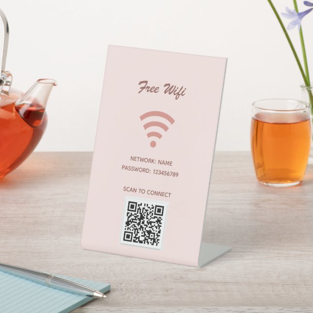 Wifi internet qr code scan to connect blush rose pedestal sign (In SItu)