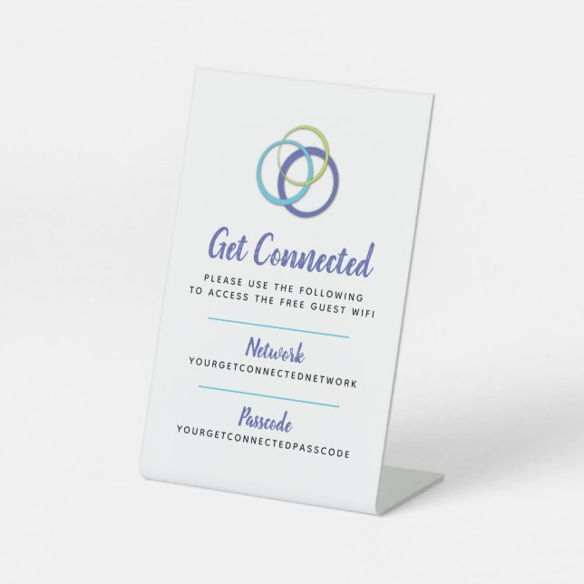 Wifi network passcode guest info custom blue rings pedestal sign (Front)