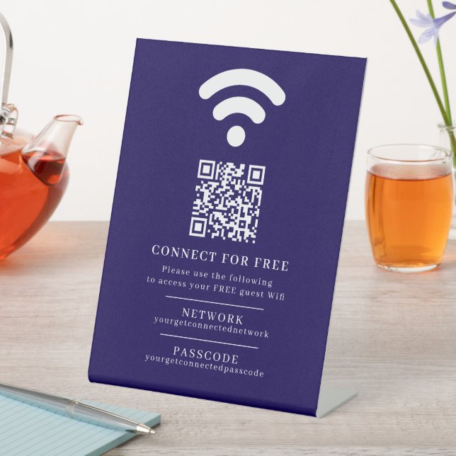 Wifi network passcode guest info custom QR blue Pedestal Sign (In SItu)