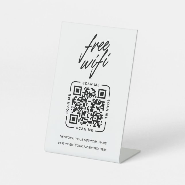 Wifi Network QR Code Black Modern Business Pedestal Sign (Front)