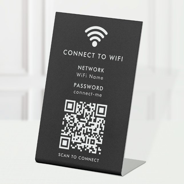Wifi Network QR Code Scan to Connect Modern Black Pedestal Sign (Wi-Fi tabletop pedestal signs with interactive QR code, connecting guests seamlessly to your WiFi)