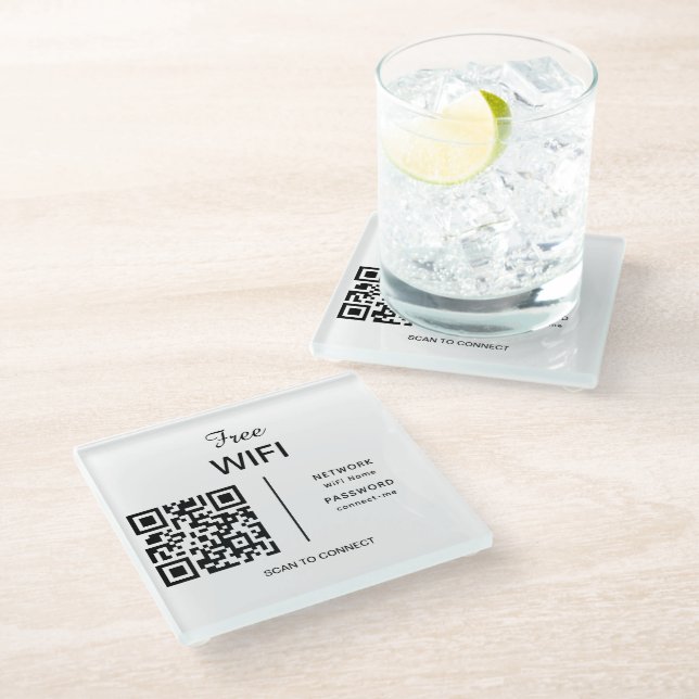 Wifi Network QR Code Scan to Connect Modern Hotel Glass Coaster (Angled)