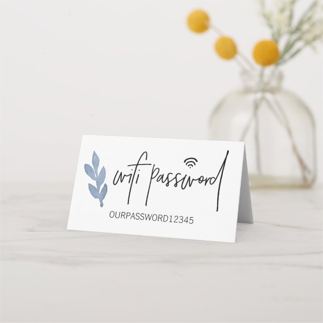 Wifi Password Blue Watercolor leaf SIGN Place Card (Front)