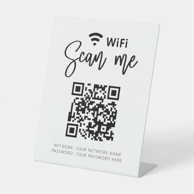 Wifi Password QR Code White Minimalist Business Pedestal Sign (Front)