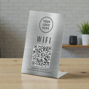 Wifi QR Code Business Logo Scan To Connect Silver Pedestal Sign