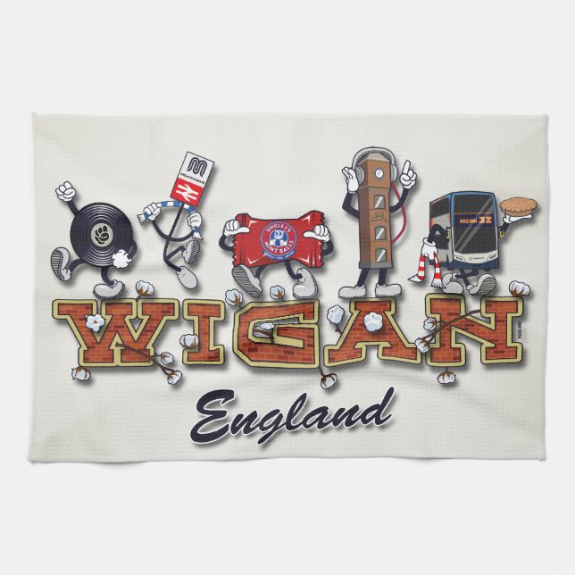 Wigan cartoon characters tea towel (Horizontal)