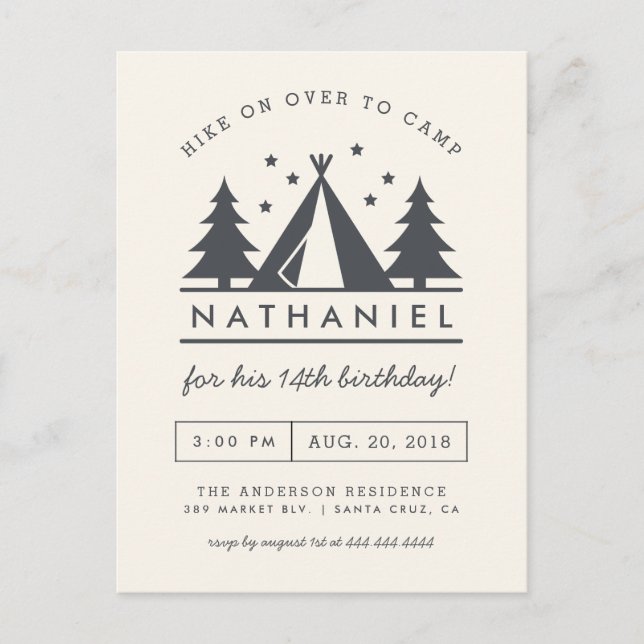 Wigwam in the Woods Birthday Camp Party Invitation Postcard (Front)