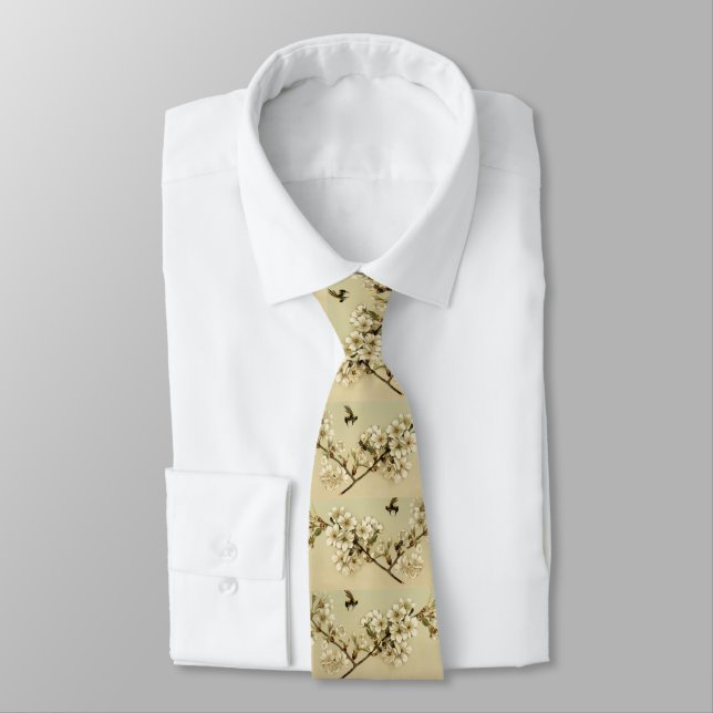WIHITE SPRING FLOWERS AND HONEY BEE ,BEEKEEPER TIE (Tied)