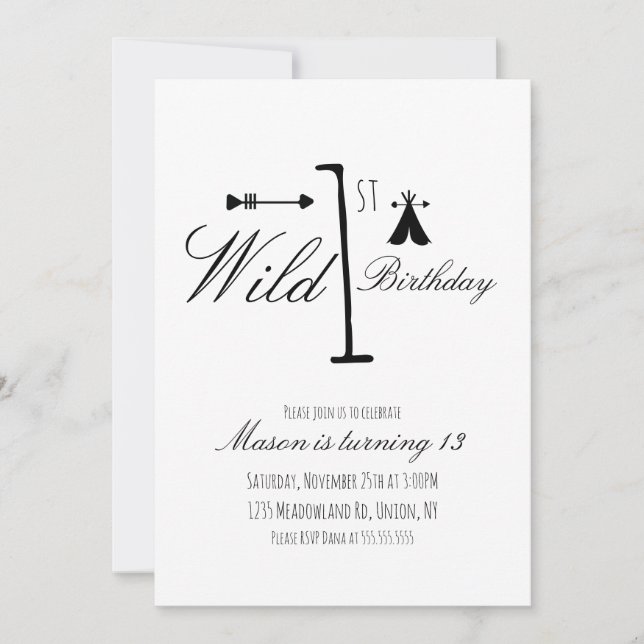 Wild 1st Birthday Camp Tribal Black and White (Front)