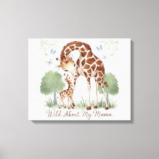 Wild About My Mama Giraffe Watercolor Nursery Art Canvas Print