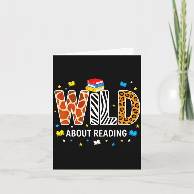 Wild about reading animal print letters funny card (Front)