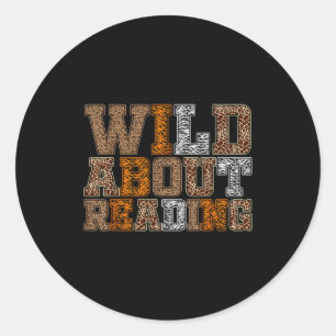 Wild about reading book animal print kids book classic round sticker