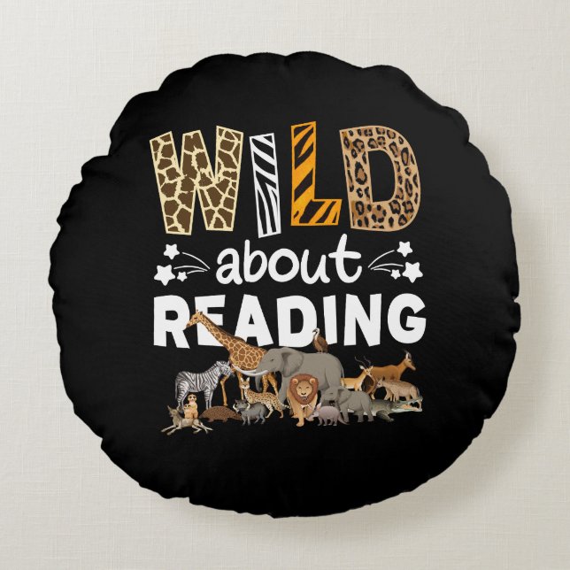 Wild About Reading Books And Bookworm Library Round Cushion (Front)