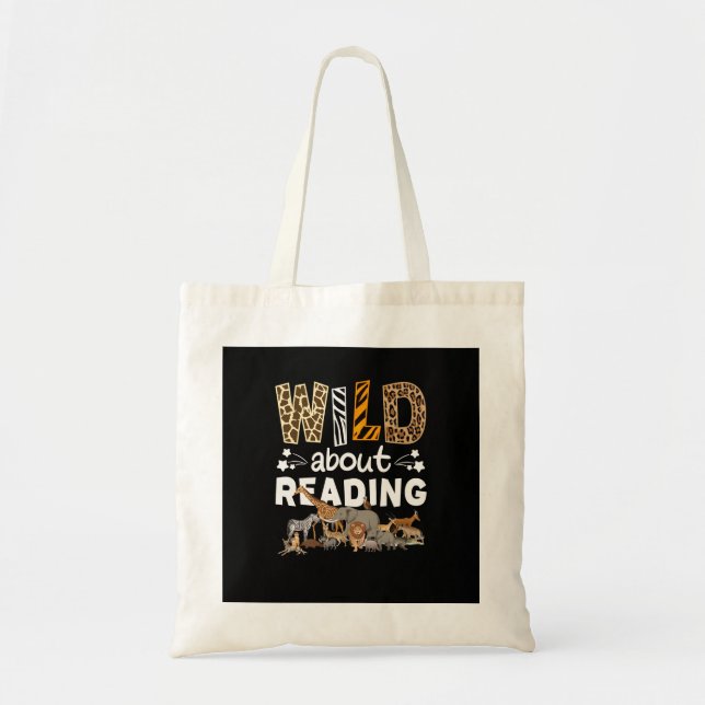 Wild About Reading Books And Bookworm Library Tote Bag (Front)