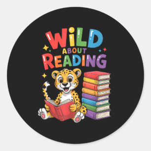 Wild about reading cute leopard teacher kids book classic round sticker