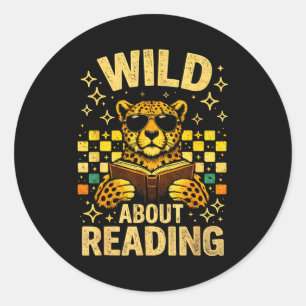 Wild about reading funny animal book lover teacher classic round sticker