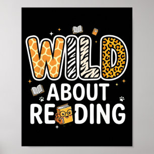 Wild about reading funny animal children book love poster