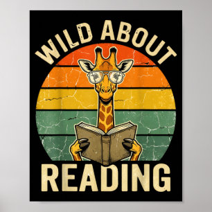 Wild About Reading Giraffe Book Lover Retro Poster