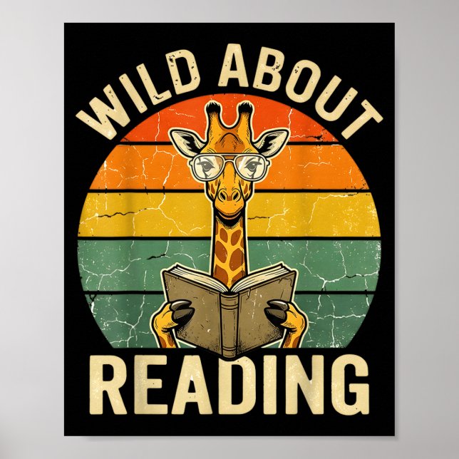 Wild About Reading Giraffe Book Lover Retro Poster (Front)