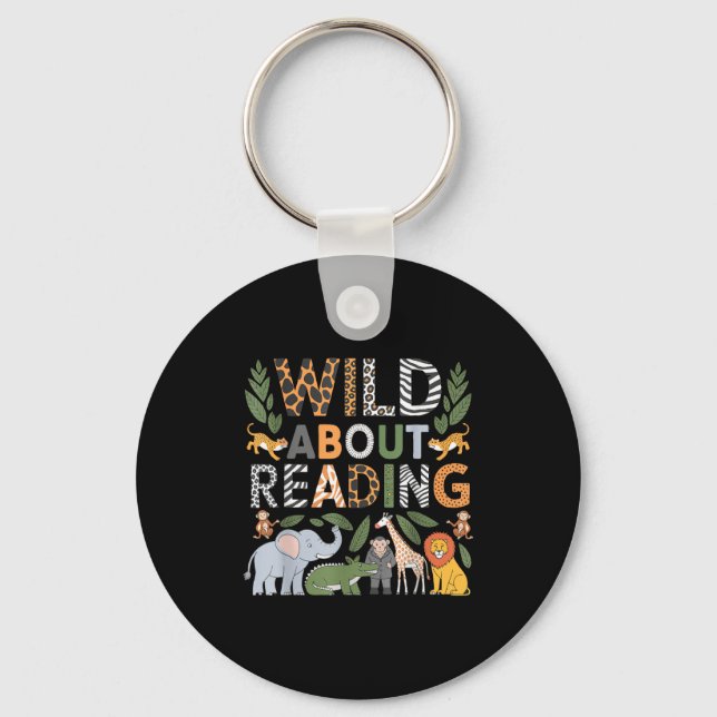 Wild about reading reading books and bookworm key ring (Front)