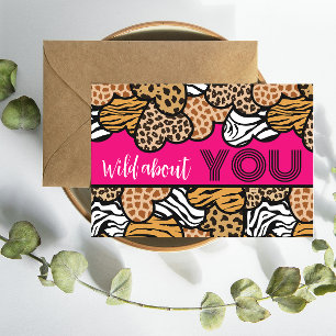 Wild About You Pink Animal Print Hearts Valentine Holiday Card