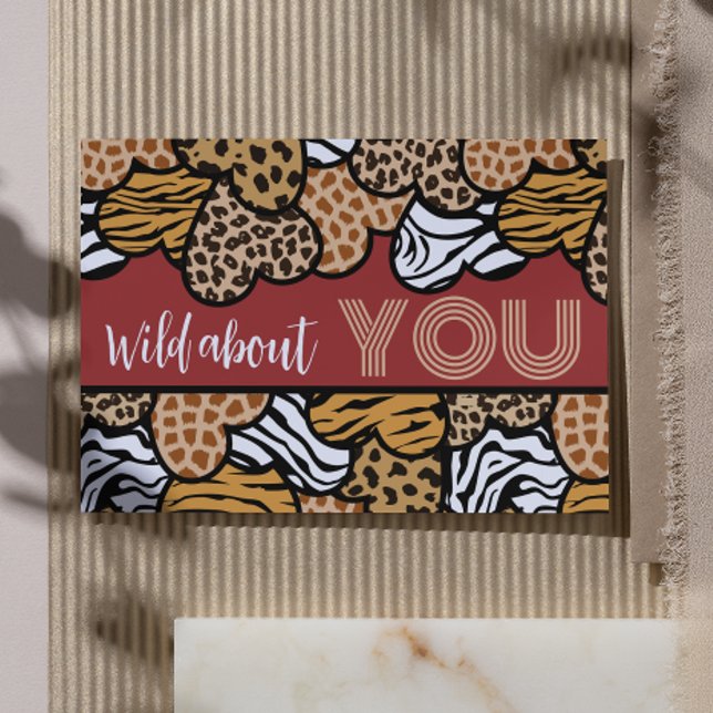 Wild About You Red Animal Print Hearts Valentine Holiday Card (Creator Uploaded)