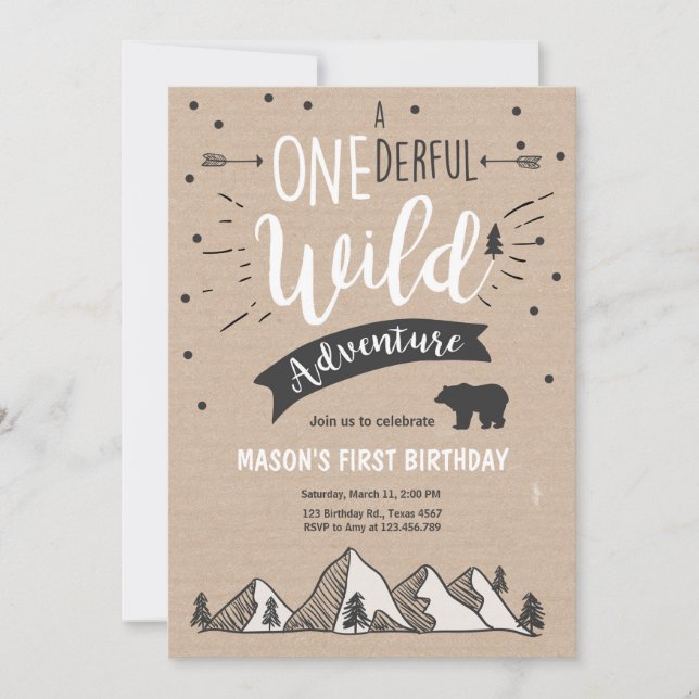 Wild adventure First birthday invitation one Brown (Front)