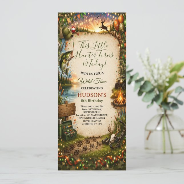 Wild Adventure Hunter & Fisherman Boy's Birthday  Invitation (Standing Front)