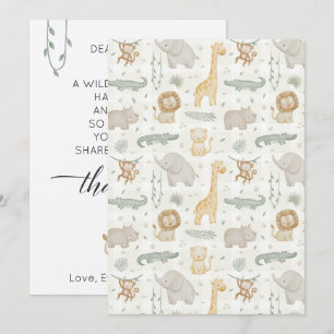 Wild Adventure Safari Animals Baby Shower Greenery Thank You Card