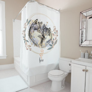 Wild Affection – Wolves in Love Illustration Shower Curtain