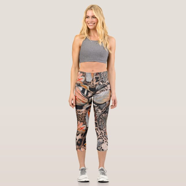 Wild African Animal Skin Pattern Capri Leggings (Front)