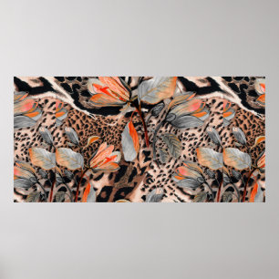 Wild african animal skin with browm flowers patter poster