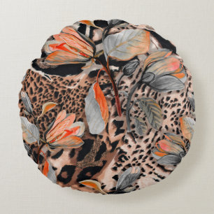 Wild african animal skin with browm flowers patter round cushion