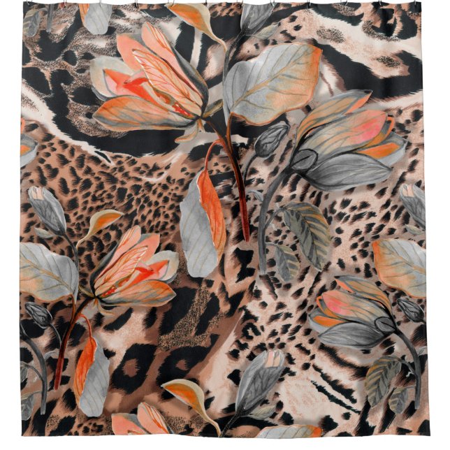 Wild african animal skin with browm flowers patter shower curtain (Front)