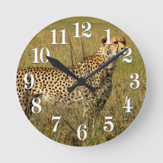 Wild African Cheetah in Savannah Grasses Round Clock
