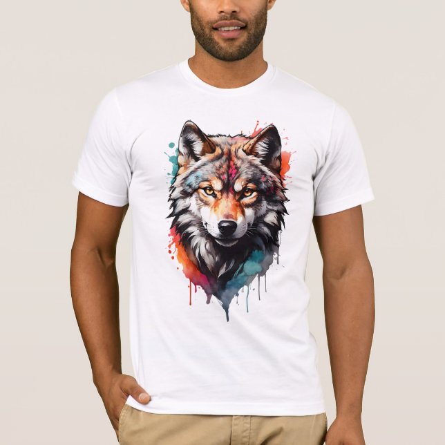 Wild and Artistic Watercolor Splash Art Wolf  T-Shirt (Front)