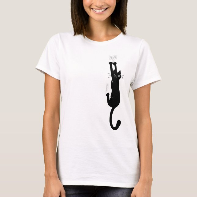 Wild and Crazy Black Cat Hanging On | Humourous T-Shirt (Front)