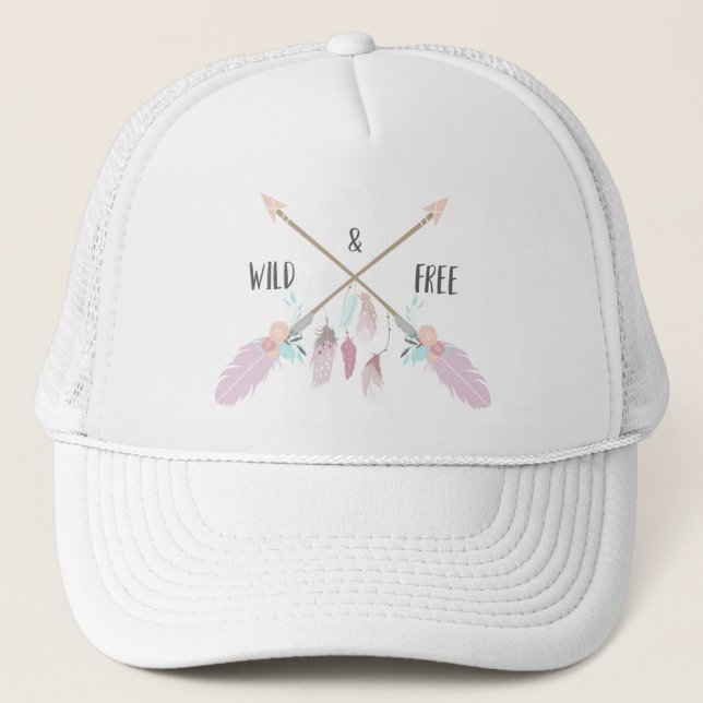 Wild And Free Boho Feather Gift For Her Trucker Hat (Front)