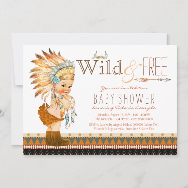 Wild and Free Girls Boho Tribal Baby Shower Invitation (Front)