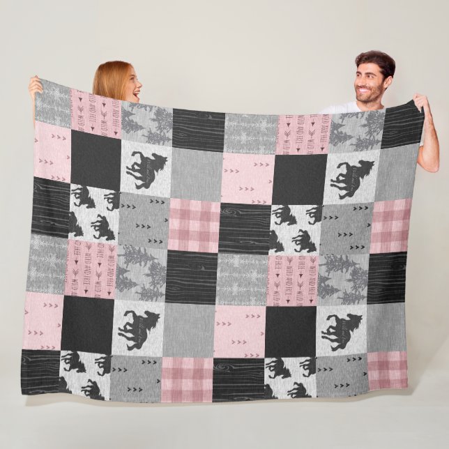Wild and Free Horses Patchwork- pink Fleece Blanket (In Situ)