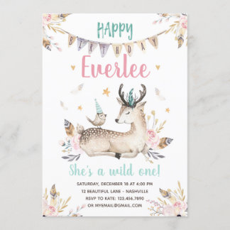 Wild and One Deer and Animals Birthday Invitation