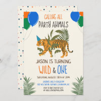 Wild and One Jungle Zoo Birthday Invitation Boy