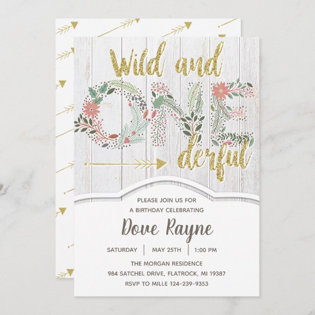Wild and Onederful, First Birthday, Girl, Floral Invitation (Front/Back)