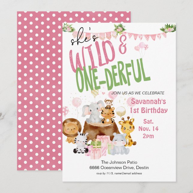  Wild and Onederful Pink Baby Animal Birthday Invitation (Front/Back)