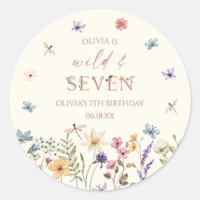 Wild and Seven Wildflower 7th Birthday Party Classic Round Sticker (Front)