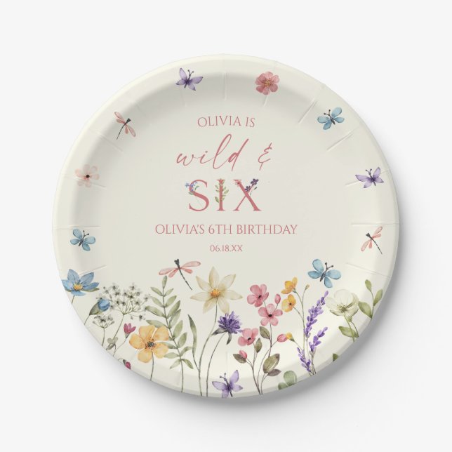 Wild and Six Wildflower 6th Birthday Party Paper Plate (Front)
